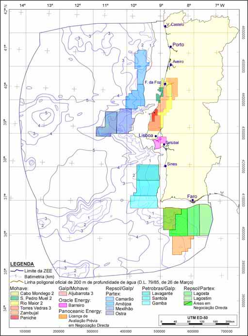 Mapa com os blocos concessionados em toda a costa portuguesa, nomeadamente no Algarve